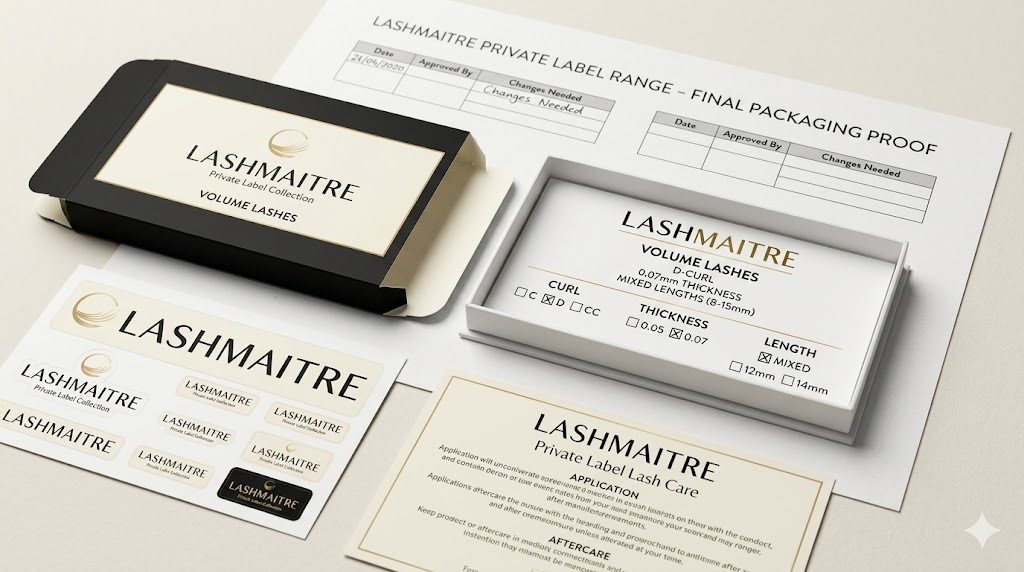 volume lash starter range - LASHMAITRE private label volume lash starter packaging proof with tray labels and box sleeve