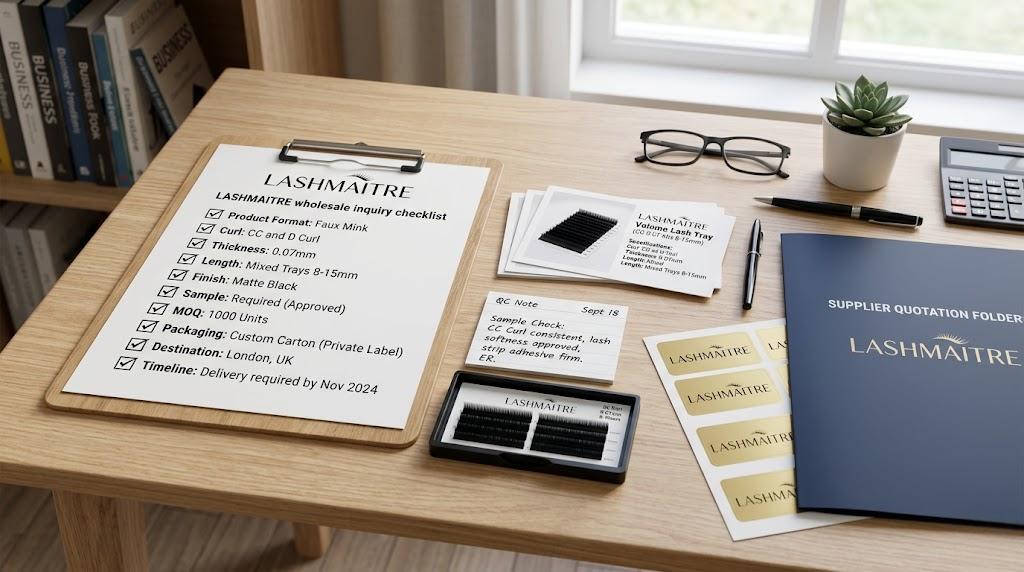 Completed LASHMAITRE wholesale inquiry checklist with sample tray QC note and supplier quotation folder