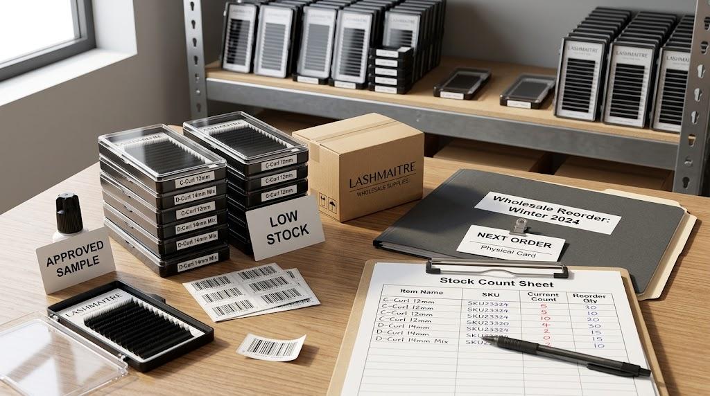 LASHMAITRE wholesale lash stock shelf with low stock card reorder file and stock count sheet