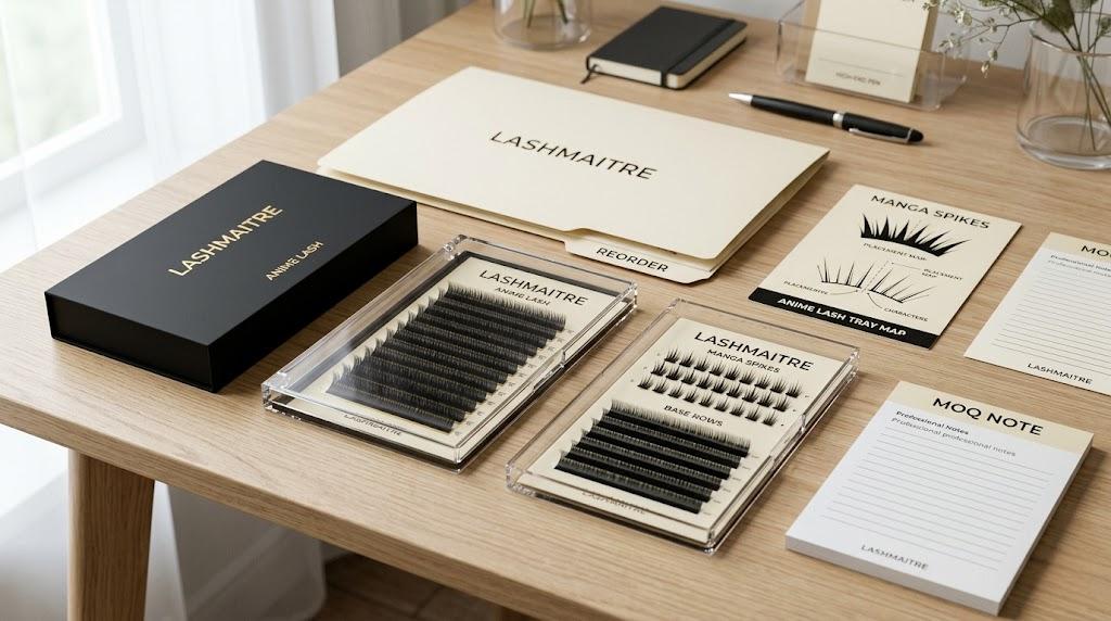 LASHMAITRE anime lash manga spikes sample trays with branded box MOQ note and reorder folder