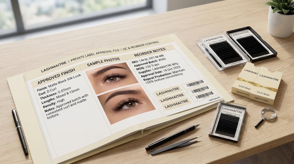 lash fiber finish checklist - LASHMAITRE approved lash finish record with sample photos label proofs and reorder notes