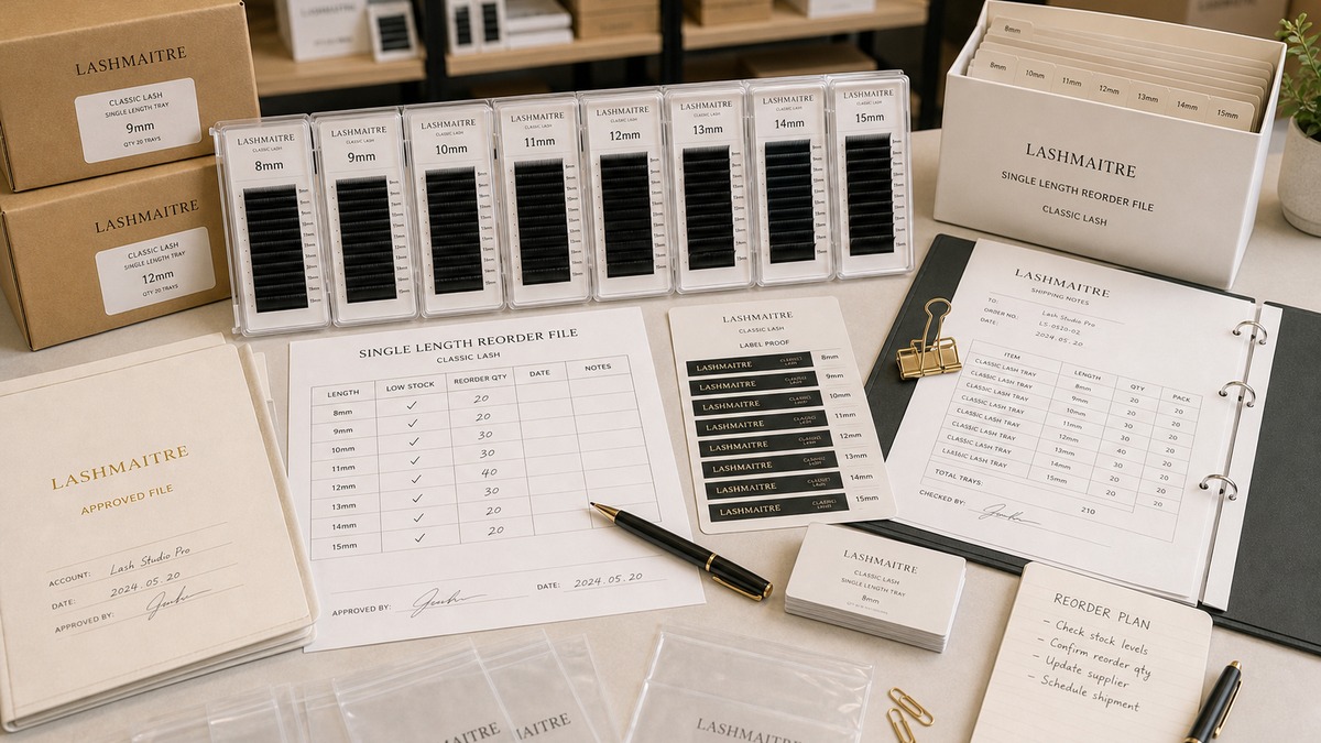 single length reorder plan - LASHMAITRE distributor single length reorder file with cartons labels low stock triggers and tray specs