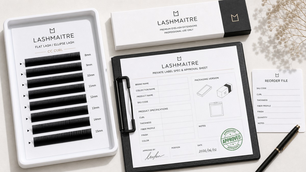 flat lash private label spec sheet - LASHMAITRE approved flat lash spec and reorder file with packaging proof tray label and sample photo