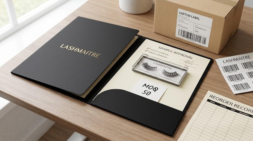 LASHMAITRE fox eye lash sample approval folder with MOQ note carton label and reorder record