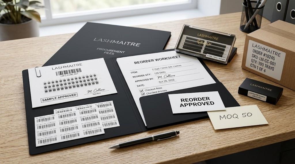 LASHMAITRE reorder approved folder with approved sample SKU labels MOQ 50 note and order carton