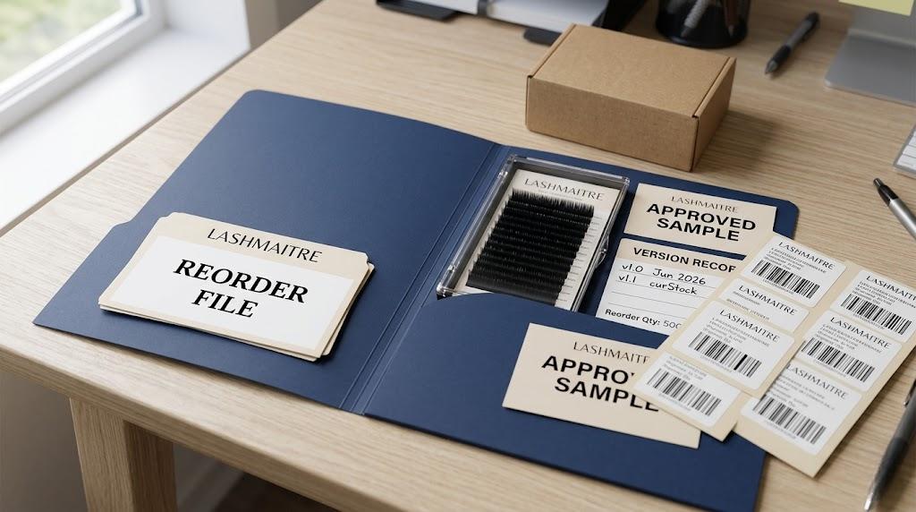 LASHMAITRE reorder archive folder with approved lash sample carton labels and version record