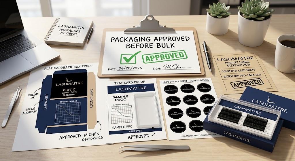 LASHMAITRE signed approval record with packaging approved before bulk and private label distribution card