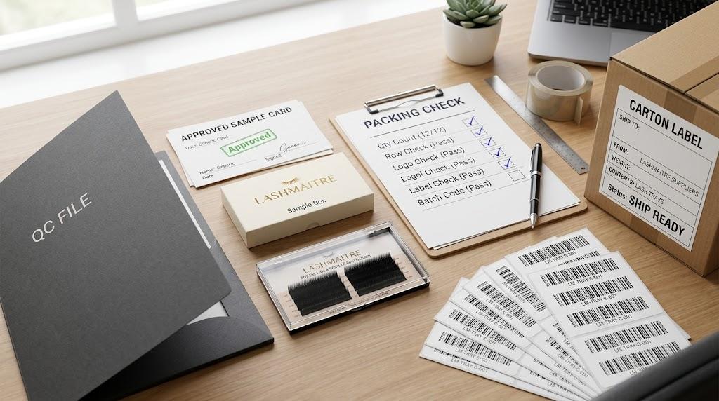 LASHMAITRE lash tray inspection checklist packing check QC file with carton label barcode stickers and reorder record