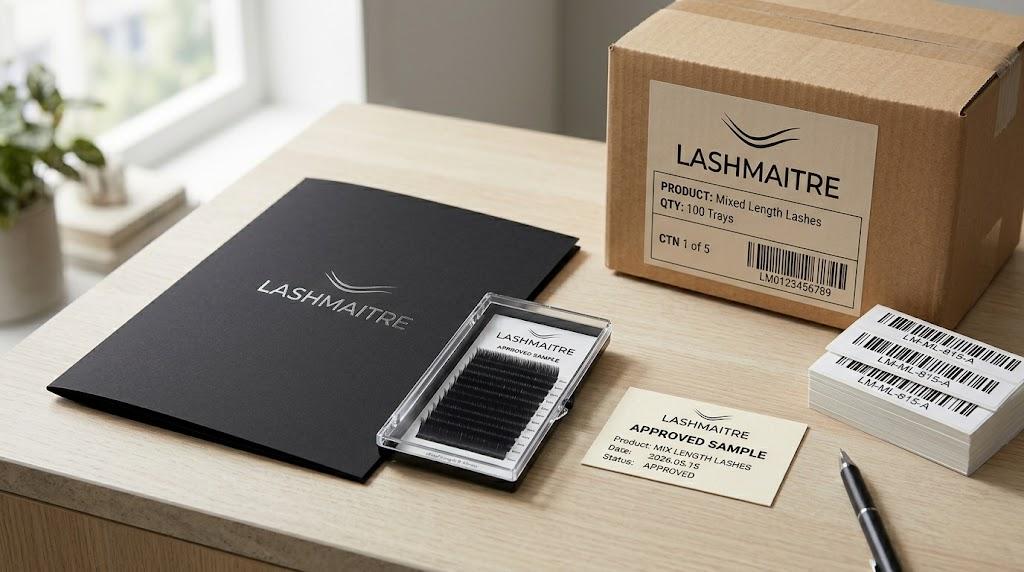 LASHMAITRE private label lash production file archive with approved sample carton label and barcode stickers