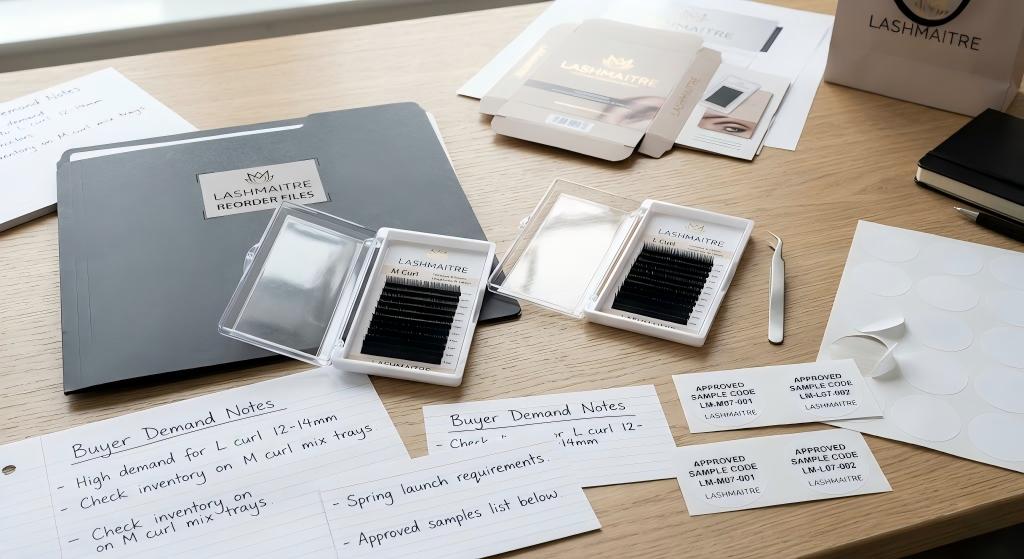 M curl and L curl lashes - LASHMAITRE specialty curl reorder file with M and L sample cards and buyer demand notes