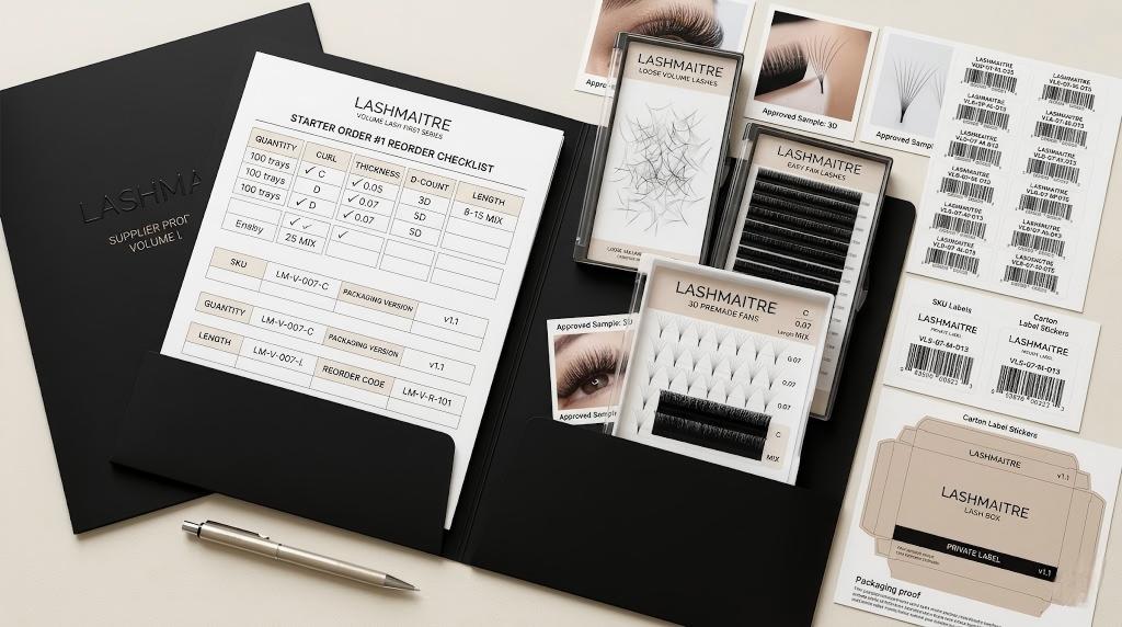 volume lash starter range - LASHMAITRE volume lash first reorder checklist with branded tray samples and SKU labels