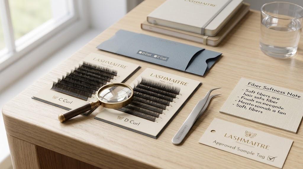 LASHMAITRE reusable lash sample trays for wholesale buyers comparing curl and fiber softness