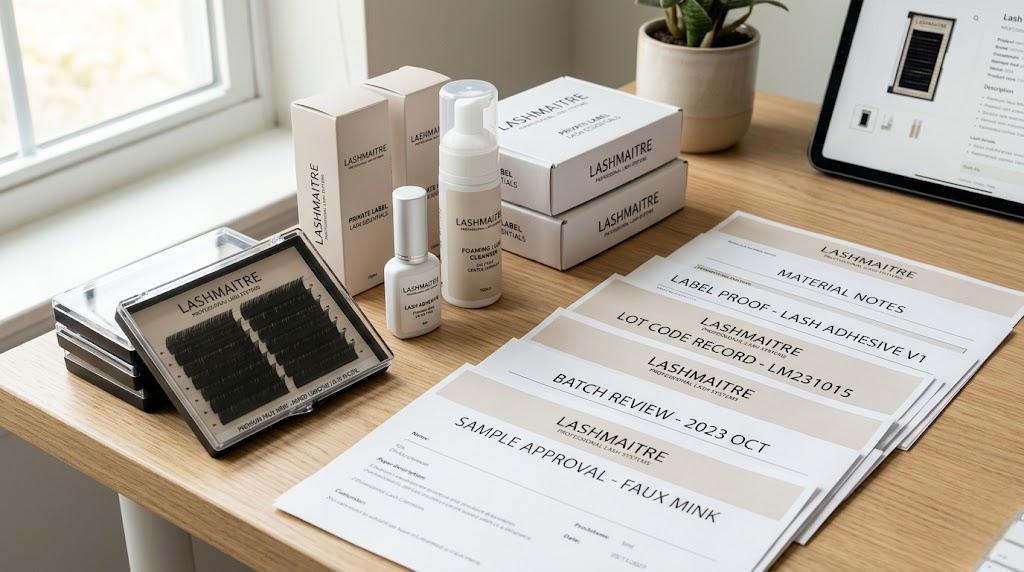 private label distributor checklist with LASHMAITRE packaging proof sample approval and branded lash trays