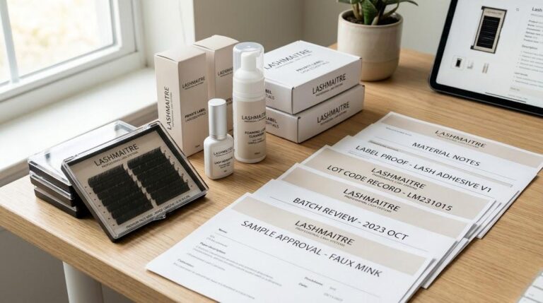 LASHMAITRE beauty extension chemical transparency sourcing desk with lash trays label proof lot code and sample approval