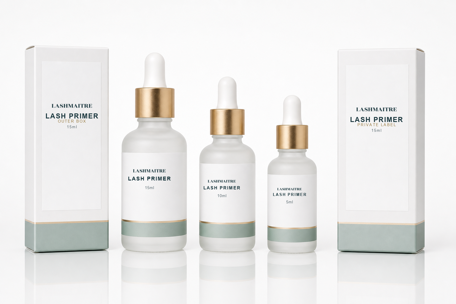 LASHMAITRE eyelash extension primer wholesale packaging options with branded bottle label and retail box