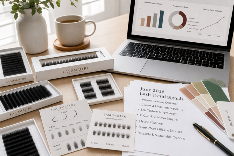 lash trends 2026 wholesale buyer sourcing desk with LASHMAITRE lash trays and cluster lash samples