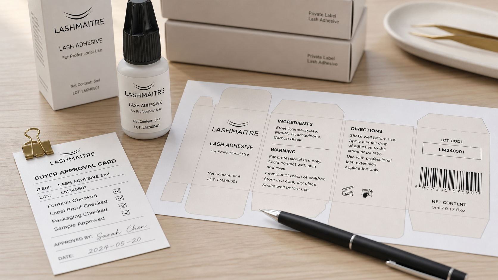 LASHMAITRE lash adhesive label proof for low-cost lash glue risk review before private label orders