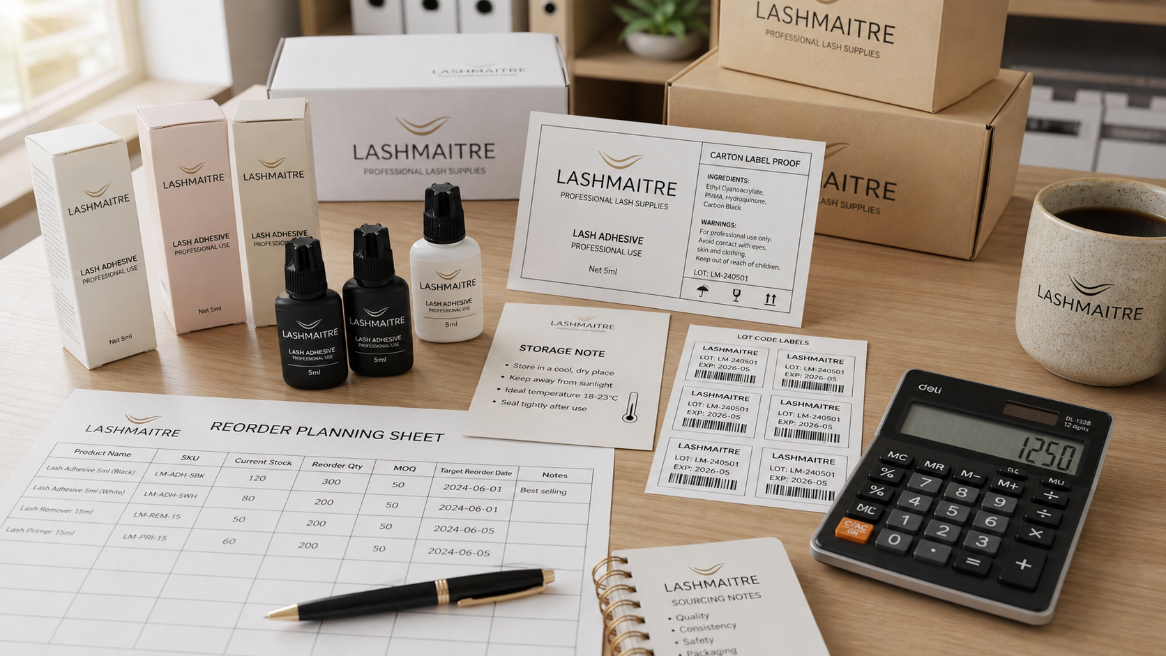 LASHMAITRE lash adhesive storage note and reorder planning sheet for low-cost lash glue risk control