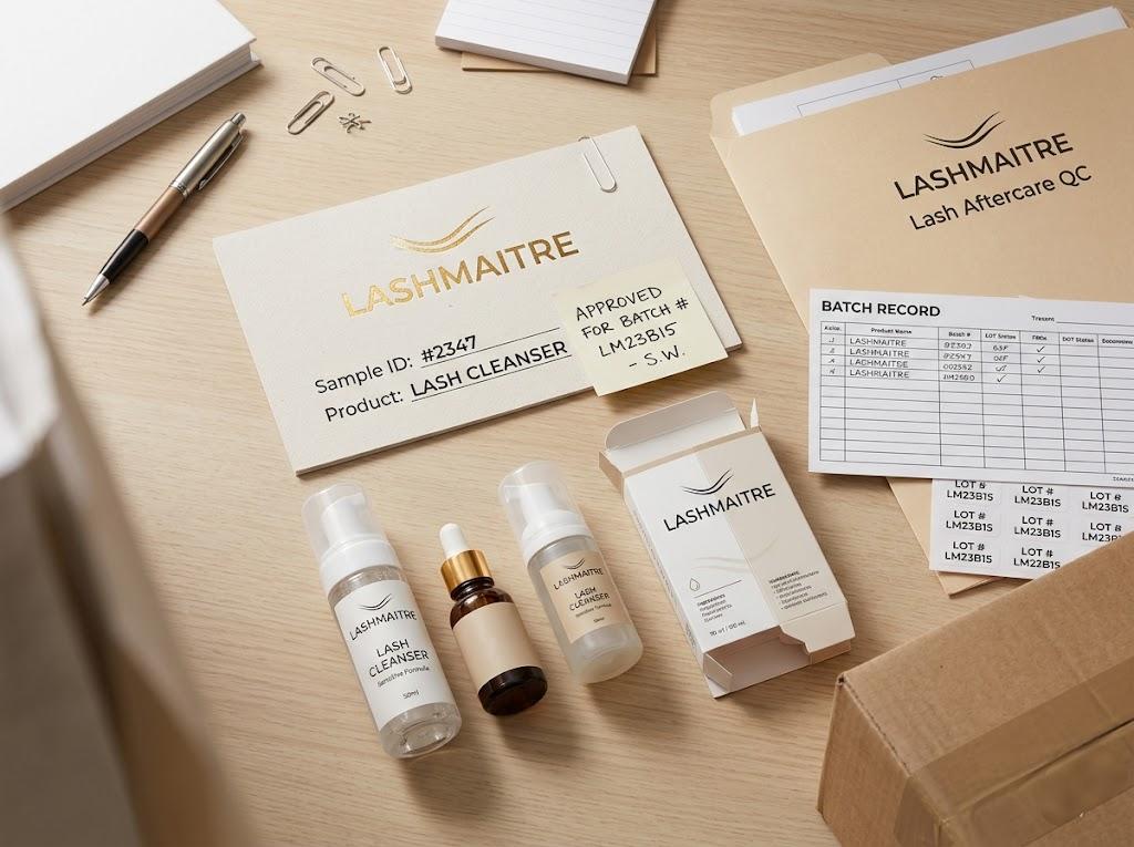 MoCRA cosmetic registration renewal sample approval and batch record QC for LASHMAITRE lash aftercare