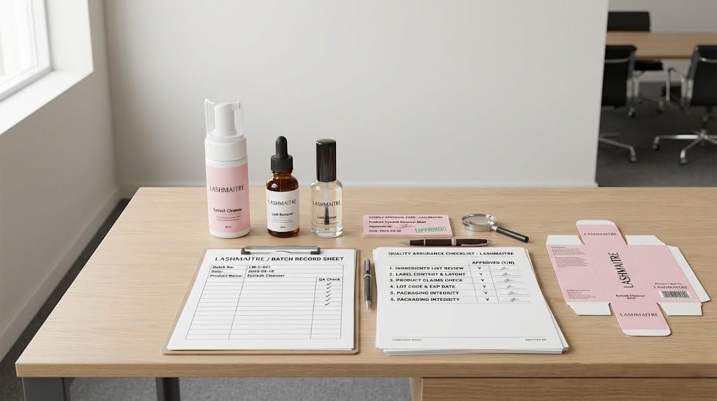LASHMAITRE lash aftercare sample approval with ingredient and packaging checklist