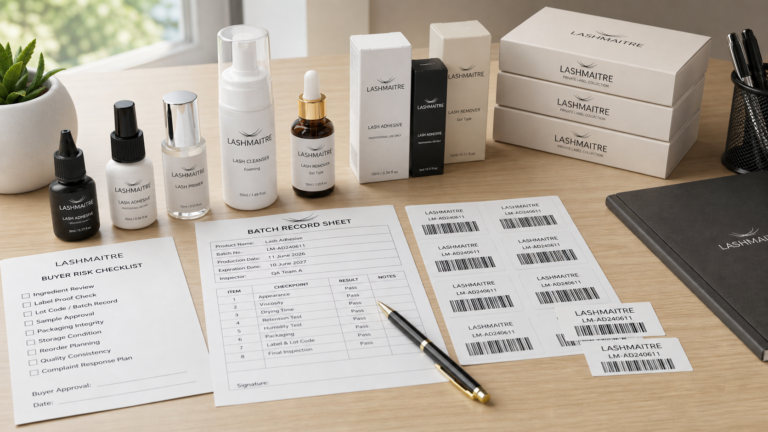 low-cost lash glue risk checklist with LASHMAITRE adhesive packaging batch record and buyer approval documents
