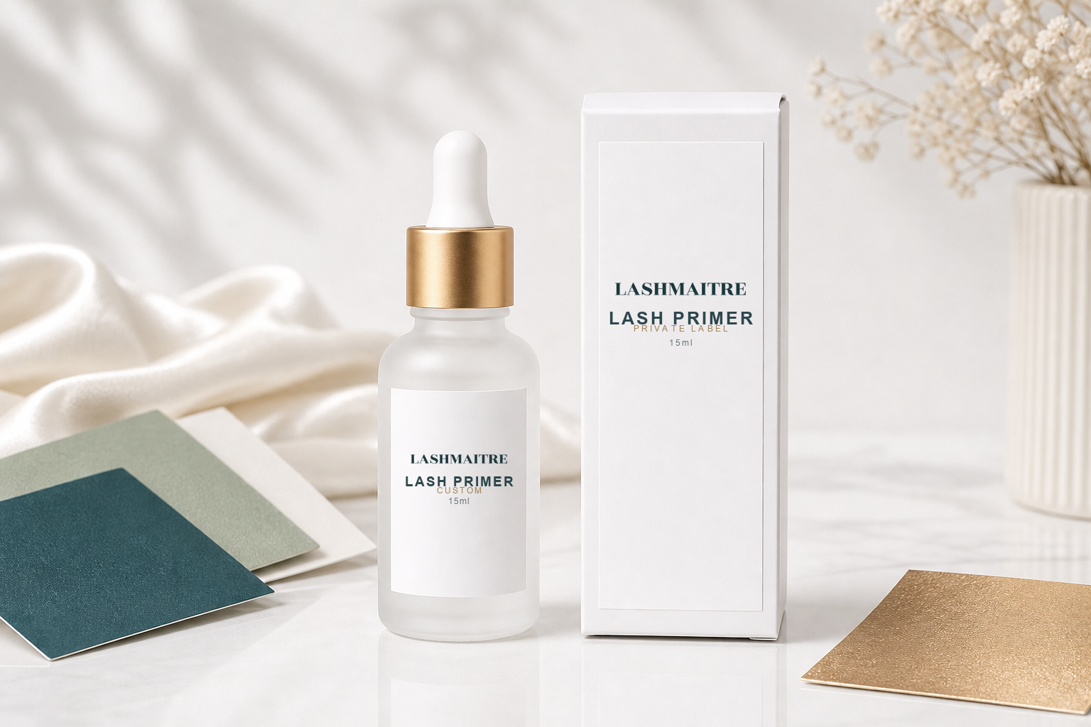 LASHMAITRE private label lash primer customization product photo with branded bottle and outer box
