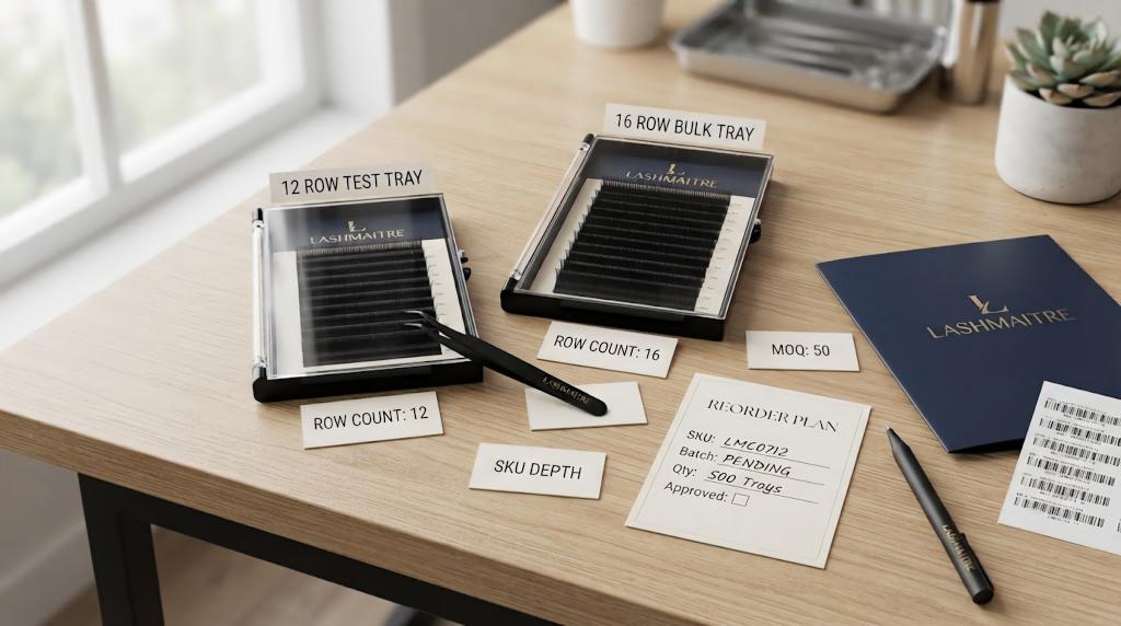 LASHMAITRE 12 row test tray and 16 row bulk tray comparison with row count, MOQ 50 and reorder plan cards