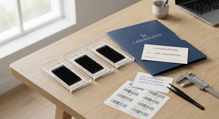 LASHMAITRE lash curl confirmation guide with sample trays curl approval card and SKU labels