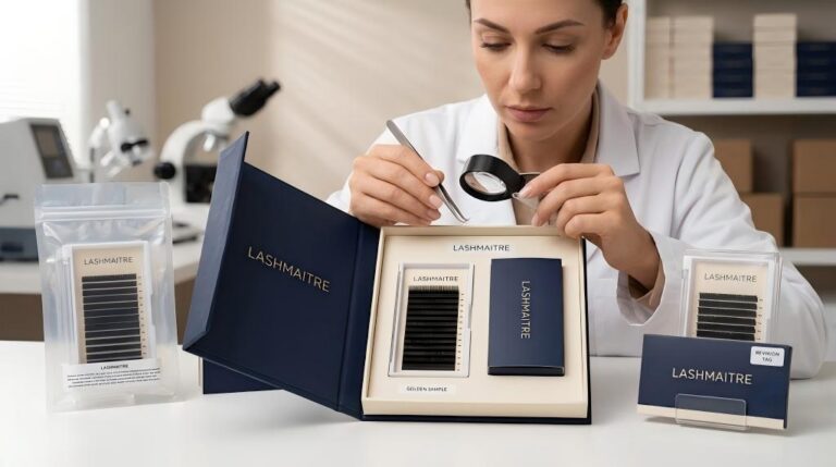 LASHMAITRE lash golden sample reference set inspected with magnifier and tweezers
