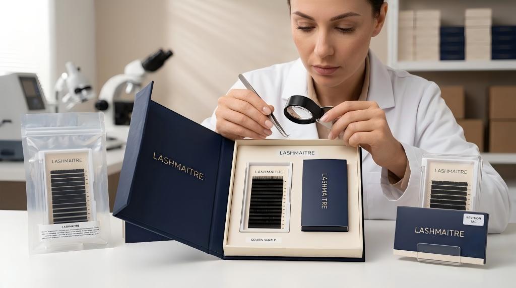 LASHMAITRE lash golden sample reference set inspected with magnifier and tweezers