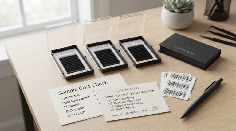 LASHMAITRE lash sample cost check with sample trays, shipping note, QC record and approval card