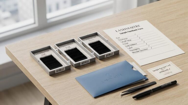 LASHMAITRE lash sample feedback form with approved lash sample trays and buyer feedback records
