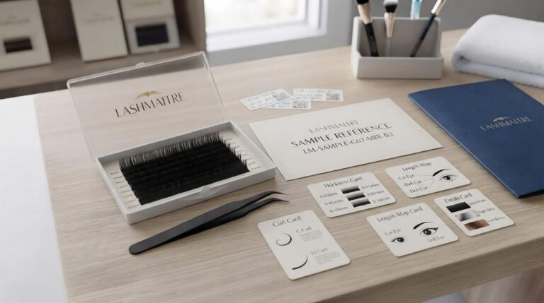 LASHMAITRE lash sample reference code setup with curl, thickness, length map and finish cards for bulk order matching