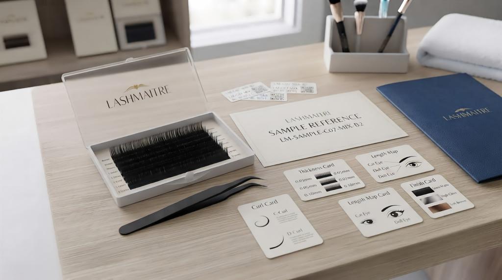 LASHMAITRE lash sample reference code setup with curl, thickness, length map and finish cards for bulk order matching