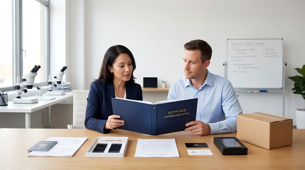 Lash supplier onboarding checklist reviewed by a buyer and LASHMAITRE supplier