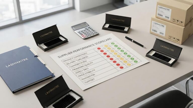 Lash supplier performance scorecard reviewing LASHMAITRE quality delivery and reorder metrics