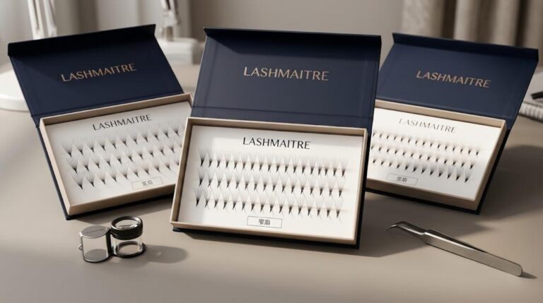 LASHMAITRE narrow premade lash fan trays with individual pointed-root fan samples
