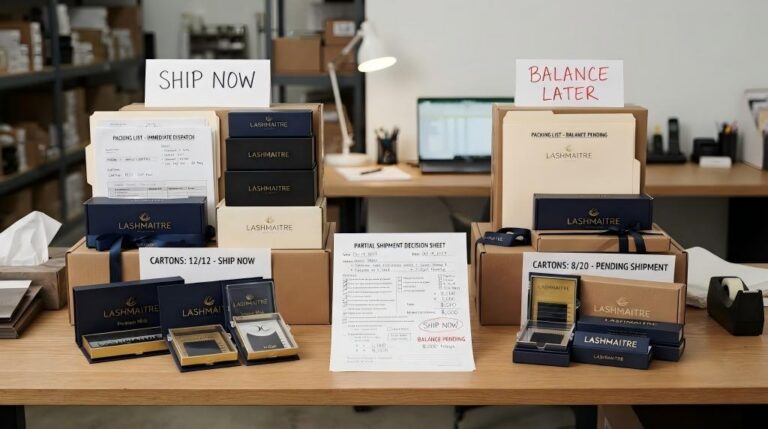 Partial lash shipment decision showing LASHMAITRE ship-now cartons and pending balance