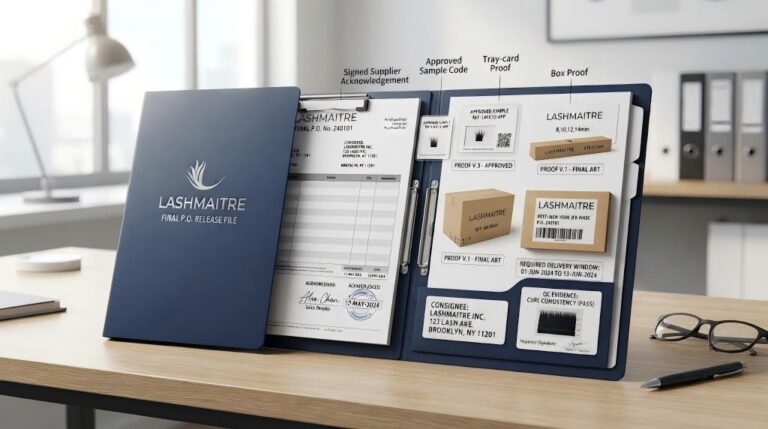 Wholesale lash purchase order release file with LASHMAITRE sample packaging and delivery records