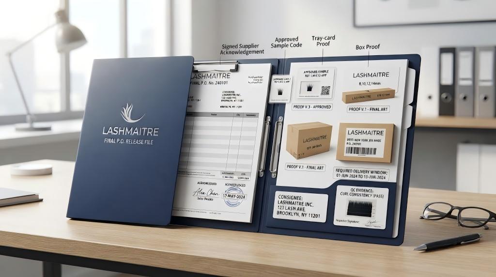 Wholesale lash purchase order release file with LASHMAITRE sample packaging and delivery records