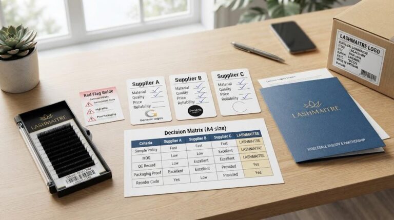 LASHMAITRE wholesale lash supplier red flags guide with supplier comparison cards decision matrix MOQ 50 note approved sample tray barcode labels and inquiry folder