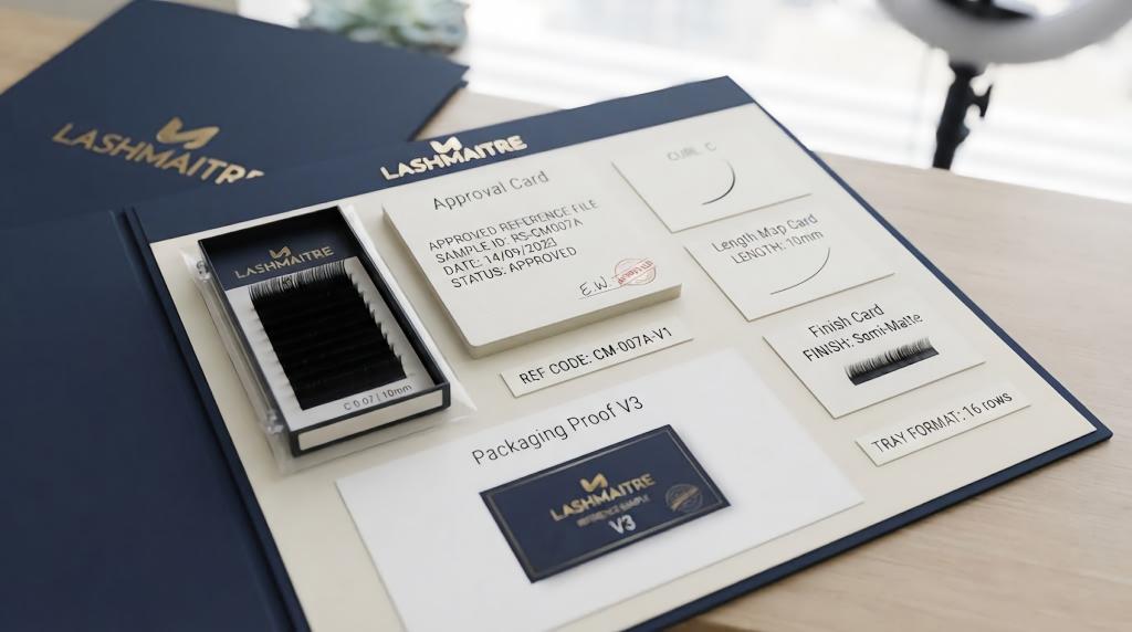 LASHMAITRE approved sample reference with curl, length map, finish, tray format and packaging proof records