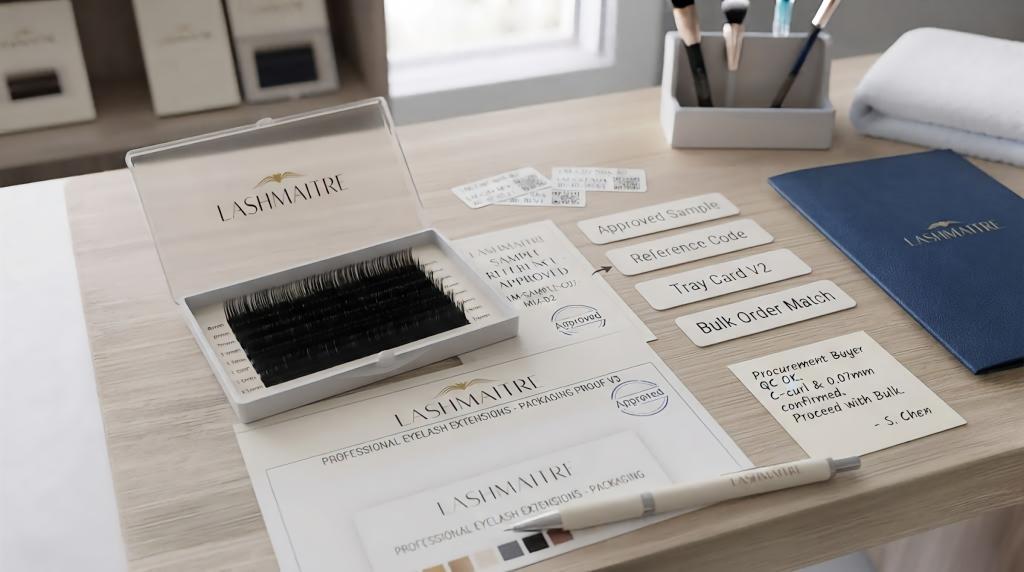 LASHMAITRE approved sample reference code with packaging proof and bulk order match cards