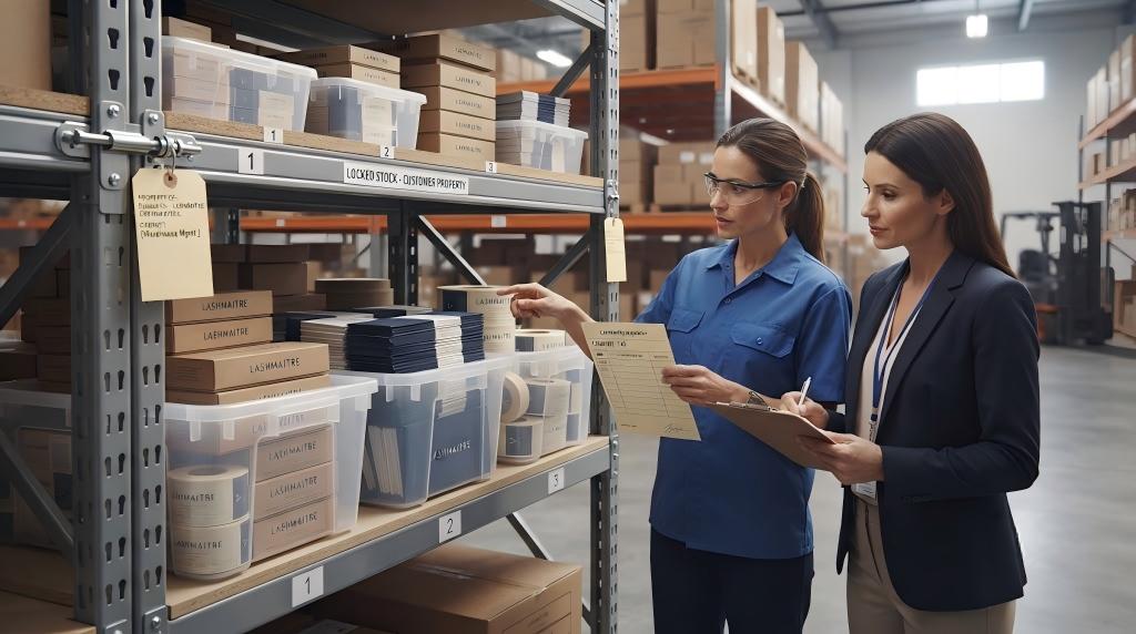 Buyer-owned LASHMAITRE packaging stored in a supplier warehouse with separate custody records