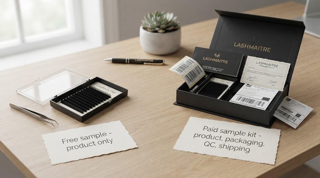 Comparison of free lash sample and paid LASHMAITRE sample kit with packaging and shipping records