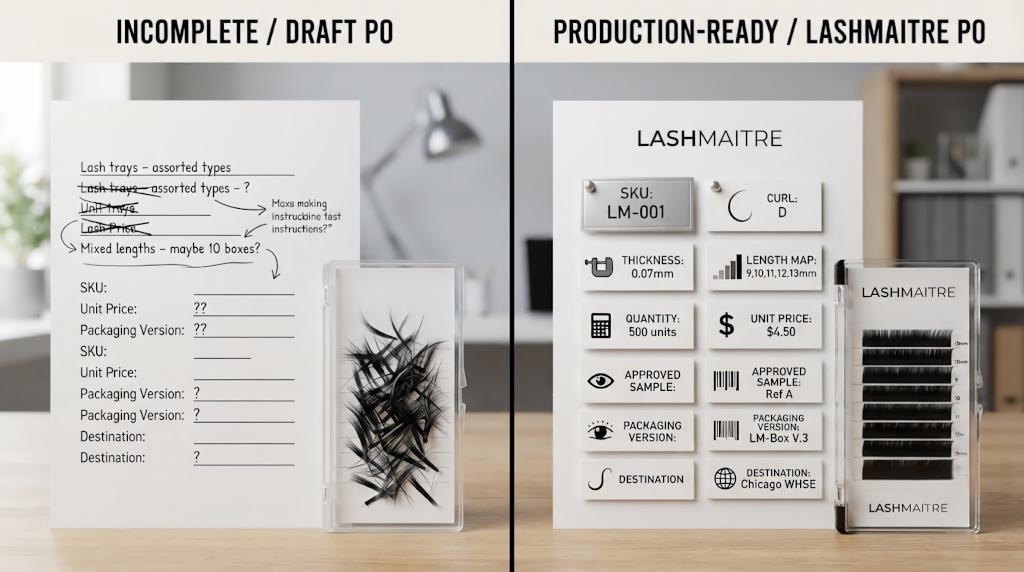 Incomplete lash order compared with a production-ready LASHMAITRE purchase order