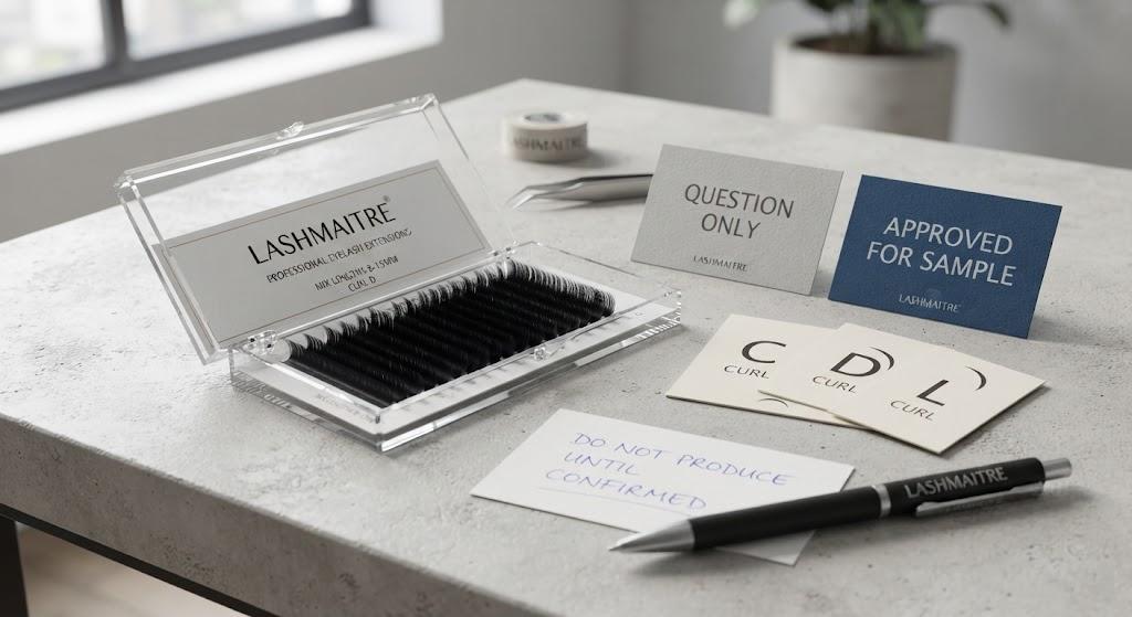 LASHMAITRE curl question and sample approval cards for wholesale lash curl confirmation