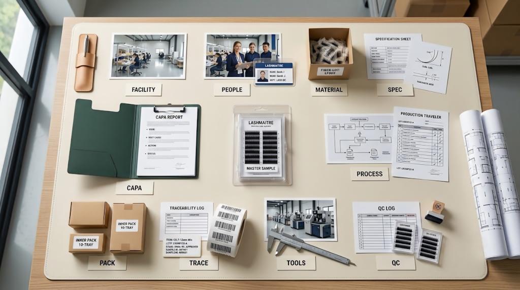 LASHMAITRE factory audit evidence board covering materials process QC tools and traceability