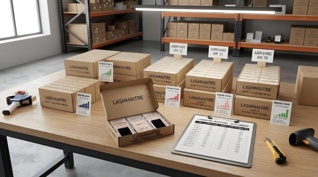 LASHMAITRE wholesale lash inventory arrival plan with reorder signals and incoming weeks