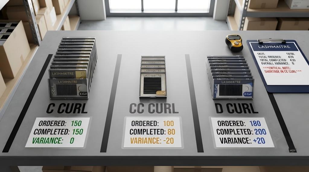 LASHMAITRE C curl CC curl and D curl order overrun and underrun comparison by SKU